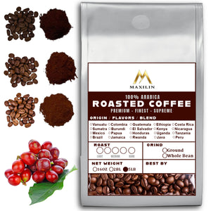 5LB Specialty Whole Bean and Ground Coffee Supreme Finest Artisan for Drips Cold Brew Espresso French Press Dark Medium Light Roast from Vanuatu Sumatra Ethiopia Brazil Kenya Colombia Guatemala Burundi Costa Rica Indonesia Java El Salvador Honduras etc