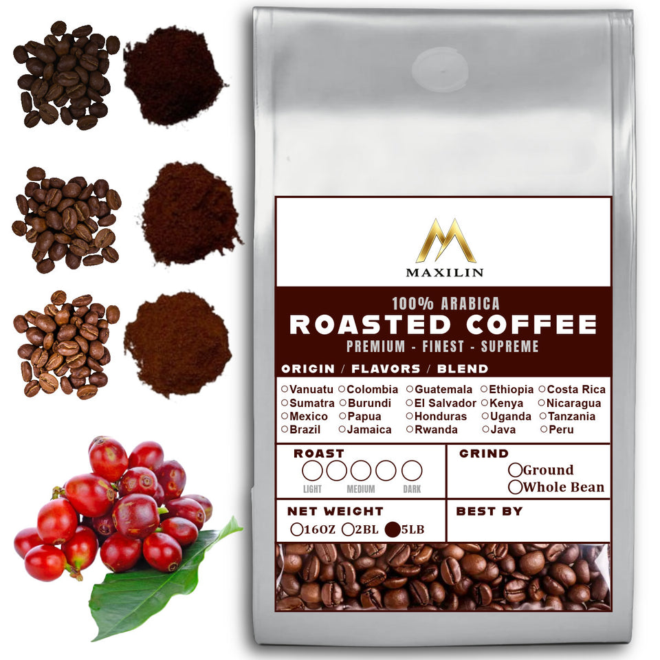 5LB Specialty Whole Bean and Ground Coffee Supreme Finest Artisan for Drips Cold Brew Espresso French Press Dark Medium Light Roast from Vanuatu Sumatra Ethiopia Brazil Kenya Colombia Guatemala Burundi Costa Rica Indonesia Java El Salvador Honduras etc